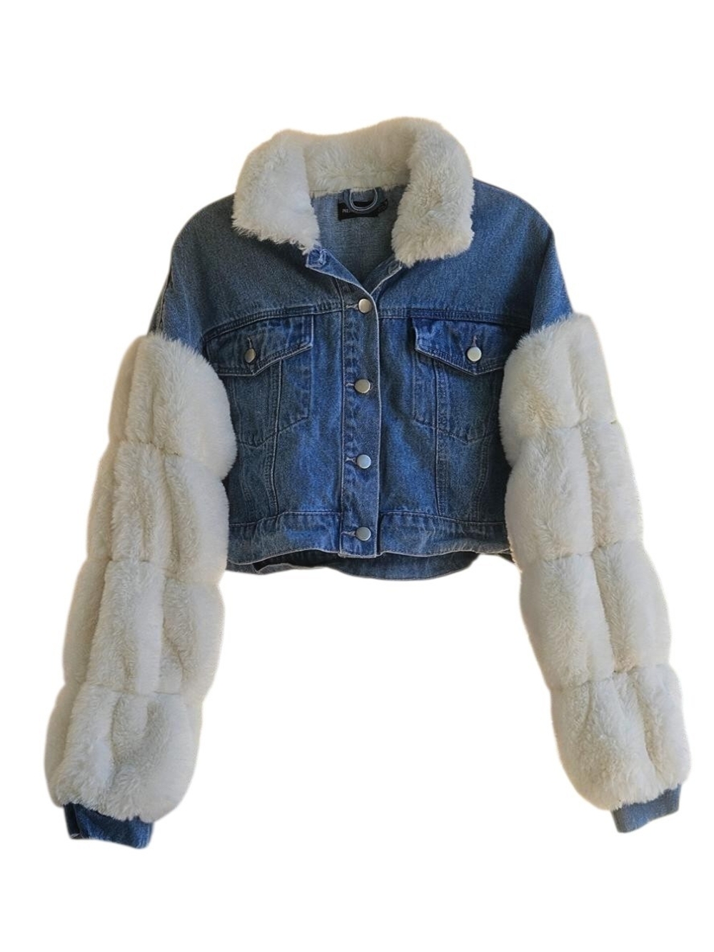 PrettyLittleThing Blue Denim Jacket with Cream Faux Fur Sleeves & Collar